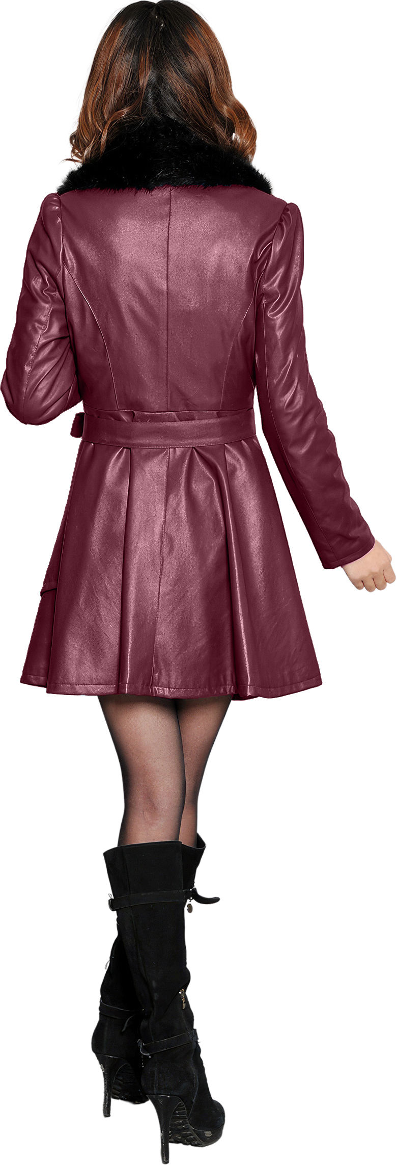 Women’s Burgundy Shearling Leather Coat with Faux Fur Collar - Image 2