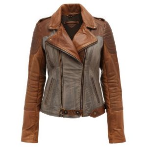 Women’s Luxury Two-Tone Sheepskin Brown Grey Moto Jacket